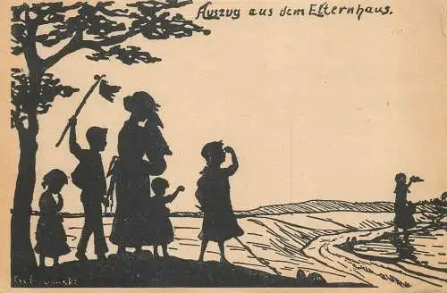 Auszug aus dem Elternhaus Silhouette Kunstler Postkarte 1916