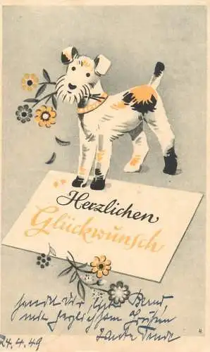 Greetings postcard drawn dog with flowers - Herzlichen Gluckwunsch