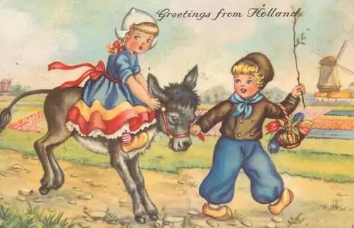 Greetings from Holland drawn Dutch children couple riding donkey 1957