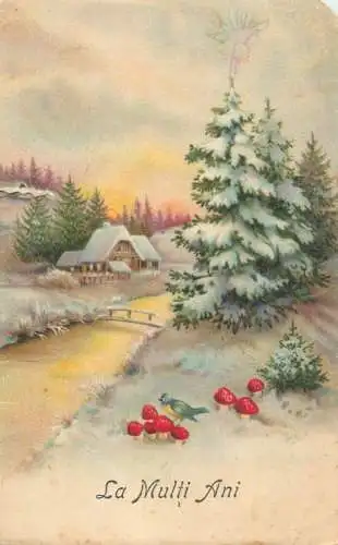 New Year greetings Romania 1937 mushrooms winter scenic
