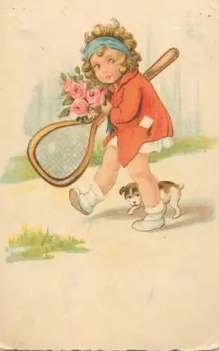 Adorable drawn girl greetings postcard