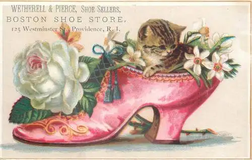 Wetherell & Pierce, Shoe Sellers Boston Shoe Store Providence trade card adorable kitty cat lady shoe fantasy