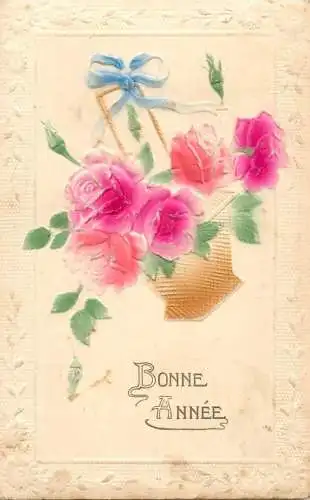 Embossed New Year roses flowers fantasy greetings postcard