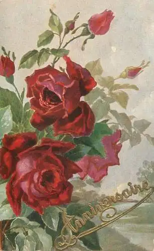 Roses flowers fantasy Anniversaire cpa