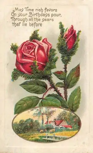 Birthday greetings embossed red rose & landscape