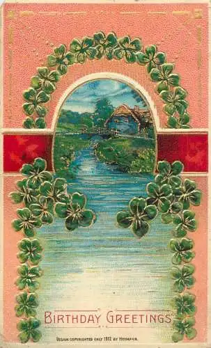 Birthday greetings embossed luck shamrocks