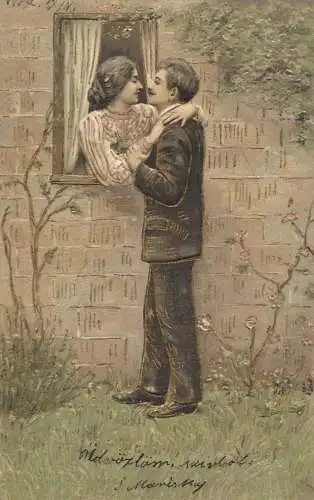 Embossed romantic couple lovers Hungary 1907