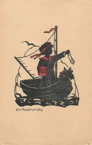 Boy sailing boat silhouette postcard