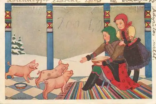 Hungary drawn folk types piglets  artist Szilagyi Ilona 1946