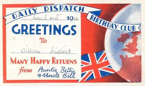 Daily Dispatch Birthday Club greetings card 1936