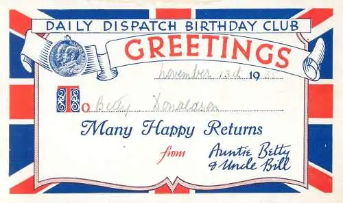 Daily Dispatch Birthday Club greetings card 1935