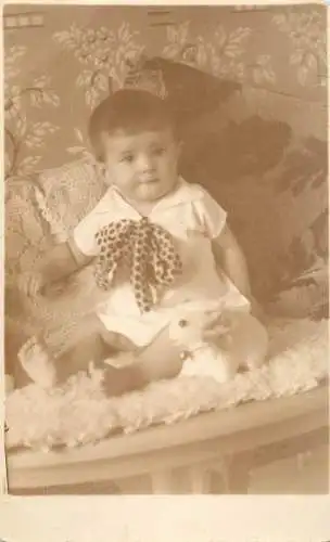 Photographic postcard Romania studio Ludus baby portrait bunny rabbit toy