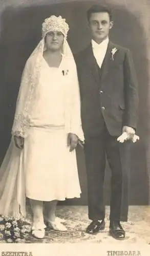 Photographic postcard marriage souvenir groom & bride Romania Timisoara 1930