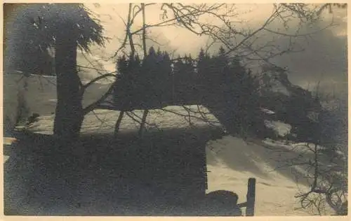 Photographic postcard to identify Alpine refuge hut winter scenic landscape