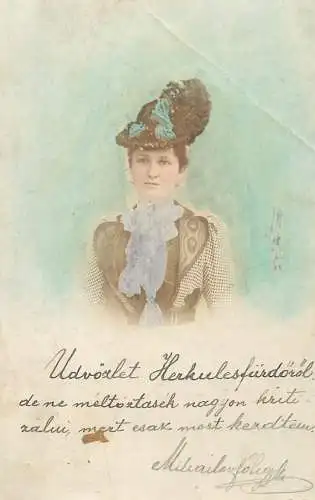 Woman portrait souvenir postcard Hungary 1902 Udvozlet Herkulesfurdo