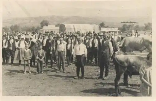Social history large group of people photo postcard fair market event merry-go-round in background