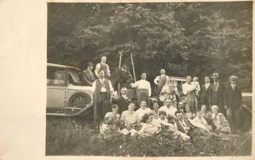 Social history large group of people photo postcard automobiles