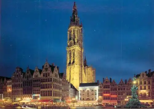 Belgium Antwerpen Grand Square and Cathedral night view