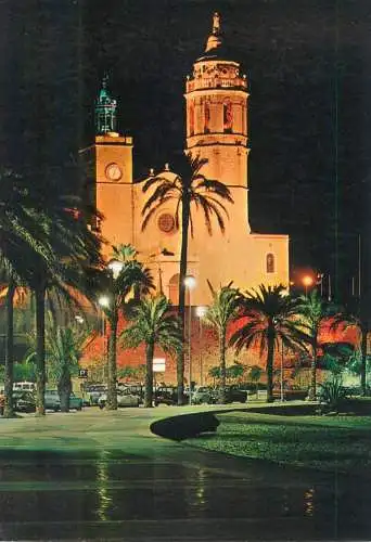 Spain Costa Dorada Sitges Iglesia de San Bartolome vista de noche