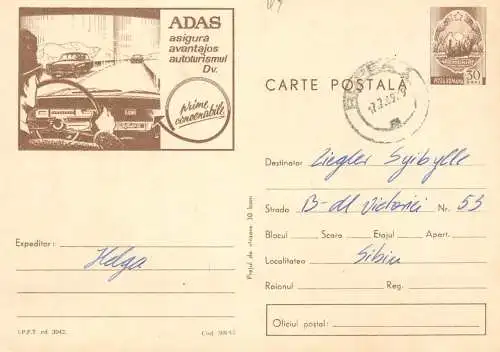 Romania Postal Stationery 1969 ADAS Insurance, Rupea via Sibiu