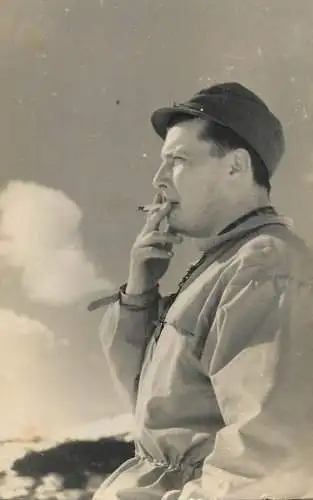Man smoking cigarette instant photo postcard