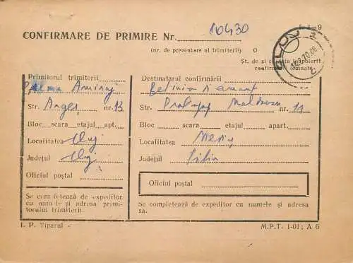 Romania postal history / confirmare de primire / postal receipt confirmation Cluj - Medias 1970