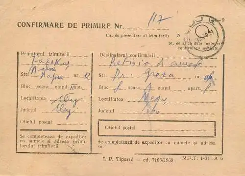 Romania postal history / confirmare de primire / postal receipt confirmation Cluj - Medias 1970