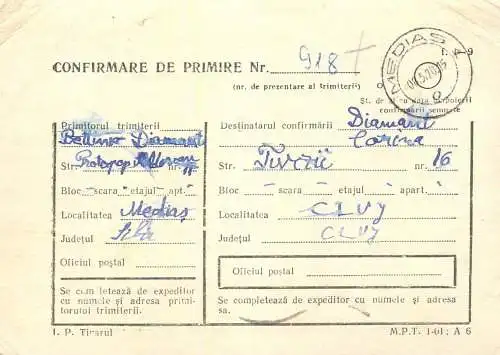 Romania postal history / confirmare de primire / postal receipt confirmation Medias - Cluj 1970