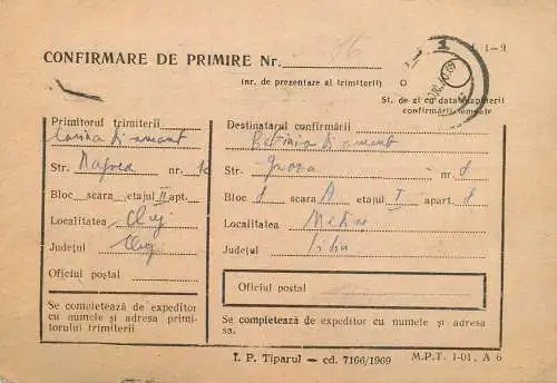 Romania postal history / confirmare de primire / postal receipt confirmation Cluj - Medias 1970