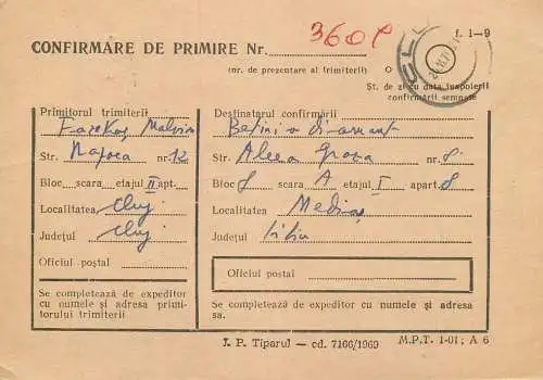 Romania postal history / confirmare de primire / postal receipt confirmation Cluj - Medias 1970