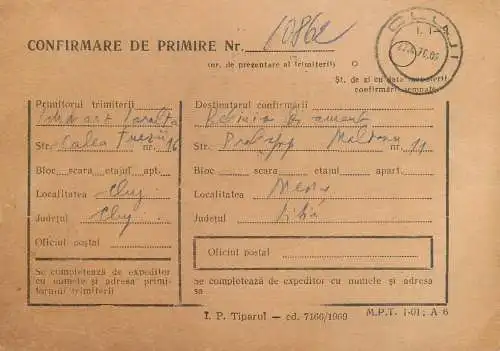 Romania postal history / confirmare de primire / postal receipt confirmation Cluj - Medias 1970