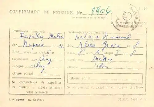 Romania postal history / confirmare de primire / postal receipt confirmation Cluj - Medias 1971