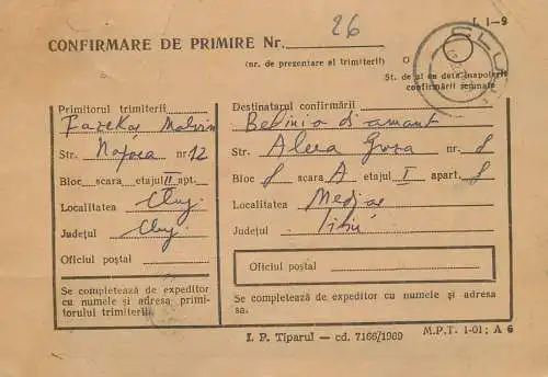 Romania postal history / confirmare de primire / postal receipt confirmation Cluj - Medias 1970