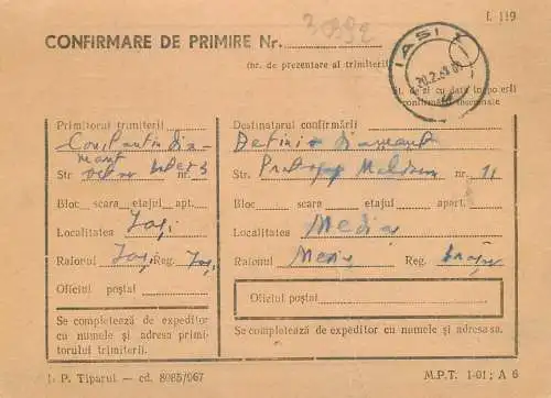 Romania postal history / confirmare de primire / postal receipt confirmation Iasi - Medias 1968