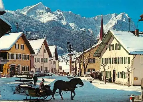 Germany Garmisch-Partenkirchen Floriansplatz gegen Zugspitzgruppe horse-drawn sledge