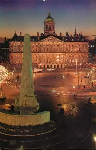 Netherlands Amsterdam Koninglijk Paleis met National Monument nocturnal view