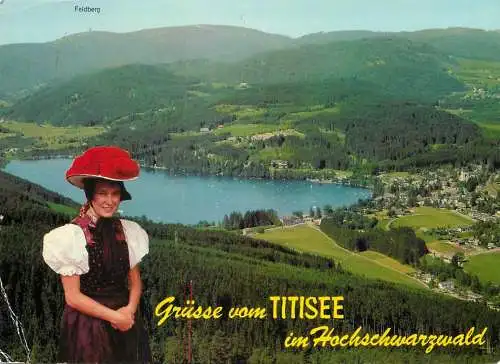 Germany Grusse vom Titisee im Hochschwarzwald & ethnic woman with typical folk costume