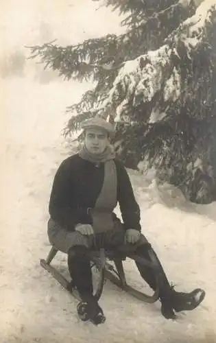 Romania social history souvenir photo postcard man on sled in winter