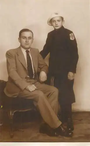 Romania social history souvenir photo postcard faher and son uniform scout