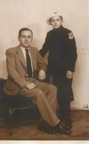 Romania social history souvenir photo postcard faher and son uniform scout