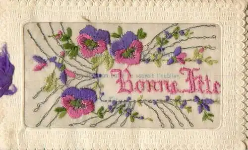 Bonne Fete greetings embroidered postcard