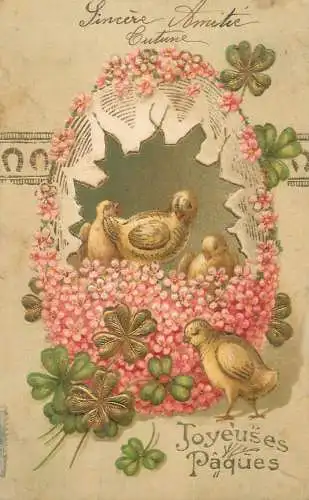 Joyeuses Paques Easter greetings chicken, eggshell floral motif souvenir embossed card