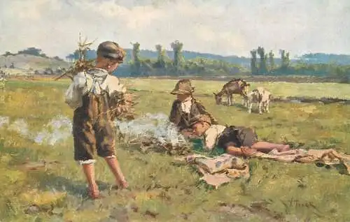 Artist fine art postcard V. Trsek pasaci bergeres