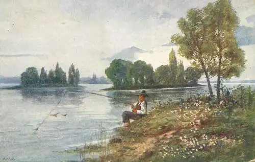 Artist fine art postcard monopol Austria fishing scene