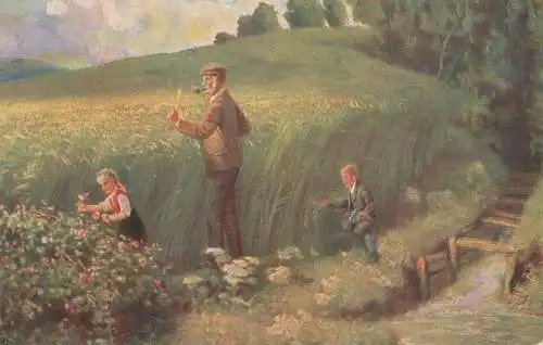 Artist fine art postcard elegant man in field and children