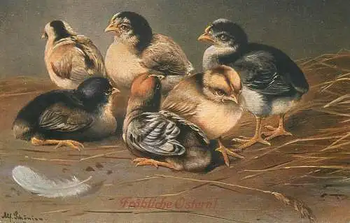 Artist fine art postcard Frohliche Ostern chicks