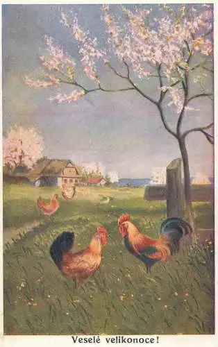 Artist fine art postcard vesele velikonoce roosters