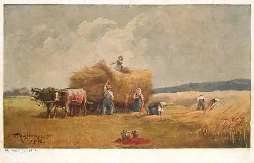Artist fine art postcard M. Kugimayr 1916 hay cart
