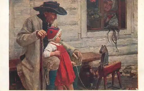 Artist fine art postcard J. Spillar chez la grand pere