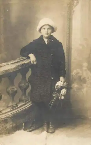 Real photo social history souvenir elegant girl in winter flower bouquet